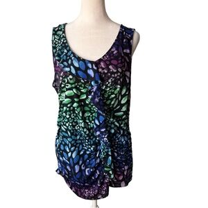 Rafaella Sleeveless Blouse Size Large Top Ruffle Stretch Blue Black Purple Green